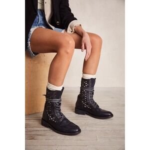 Free People Black Flower Power Cutout Lace Up Leather Boots Womens 8 Boho